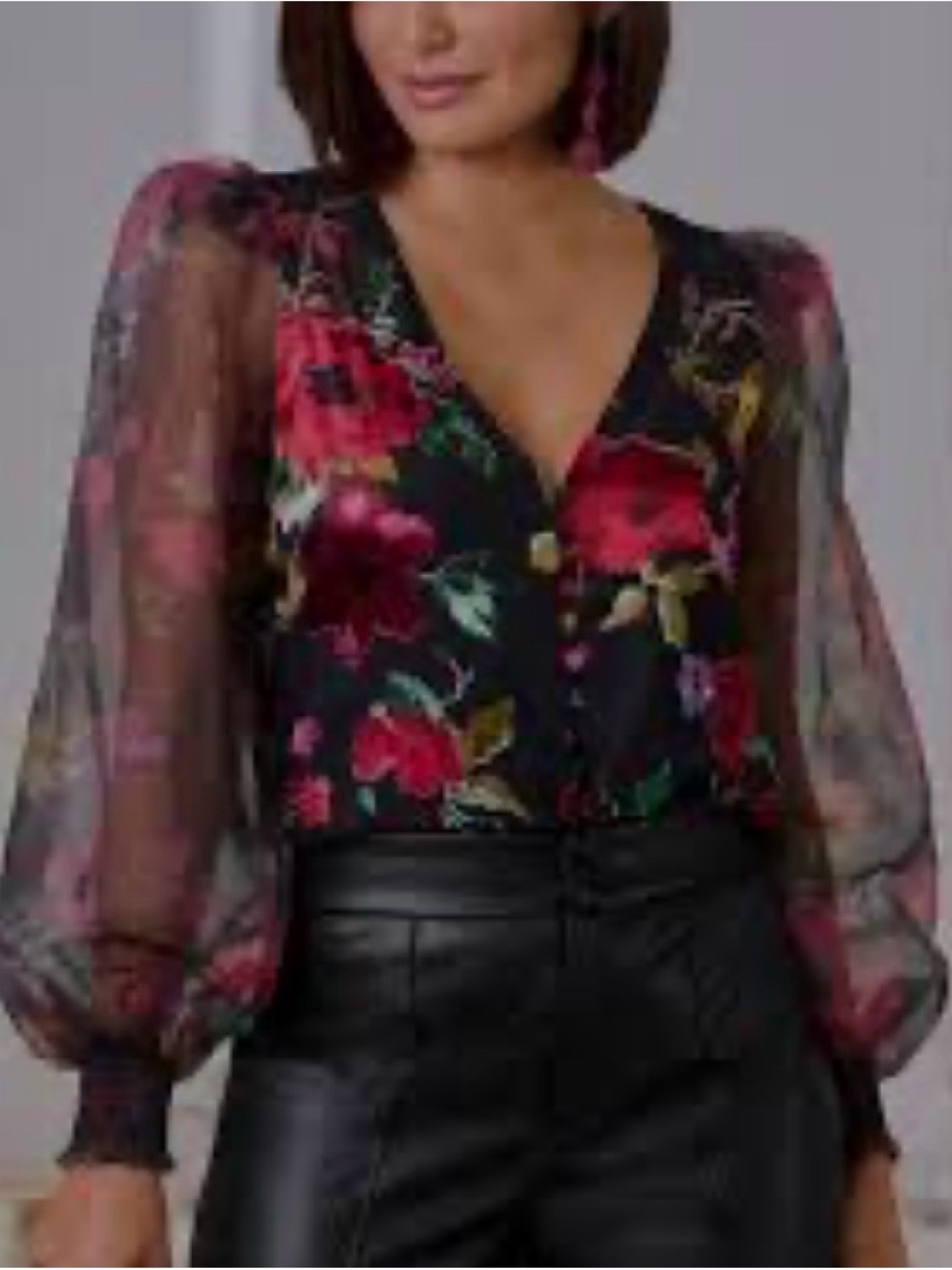 Boston Proper Black Sheer Floral V-Neck Blouse with Balloon Sleeves